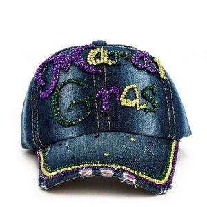 Denim Bling Studded Mardi Gras Baseball Cap